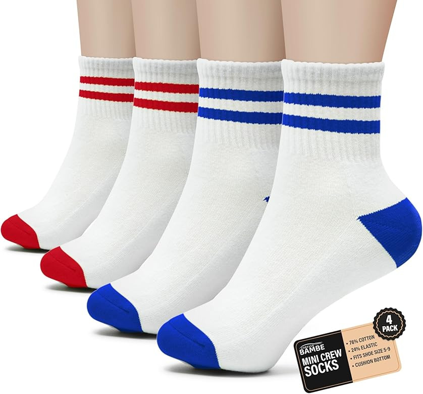 Mini Crew Socks for Women 4-Pack Cushioned Bottom Retro Striped Socks Athletic Ankle Socks Womens... | Amazon (US)