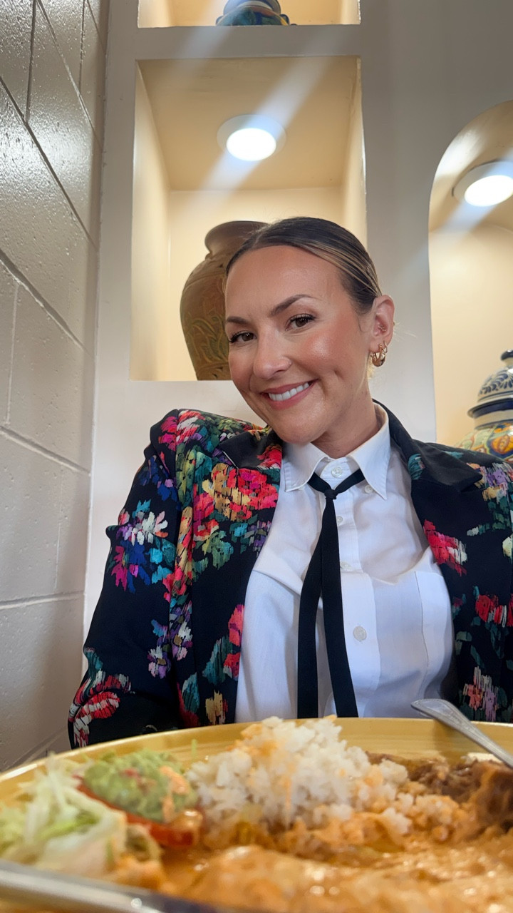 FOOD & FASHION : Part 1 
.
Get ready with me to go on a lunch date with my husband 💐
We’re heading to one of my favorite spots, so of course, I wanted something simple but still very me. I started with a mini black velvet skirt, cropped one of his old white collared shirts (because sharing is caring, right?), and threw on a fun grandma-chic blazer with tall kitten-heeled boots to tie it all together.
.
It’s effortless, a little flirty, and just right for a lunch date.
.
Follow for part two — I’m taking you with me to lunch 🥂
.
#GRWM #DateOutfit #StyledByTaste #TasteStudioCollective #OOTD #VelvetSeason #HisShirtHerStyle #GrandmaChic #KittenHeels #FallStyle #LunchDateLook