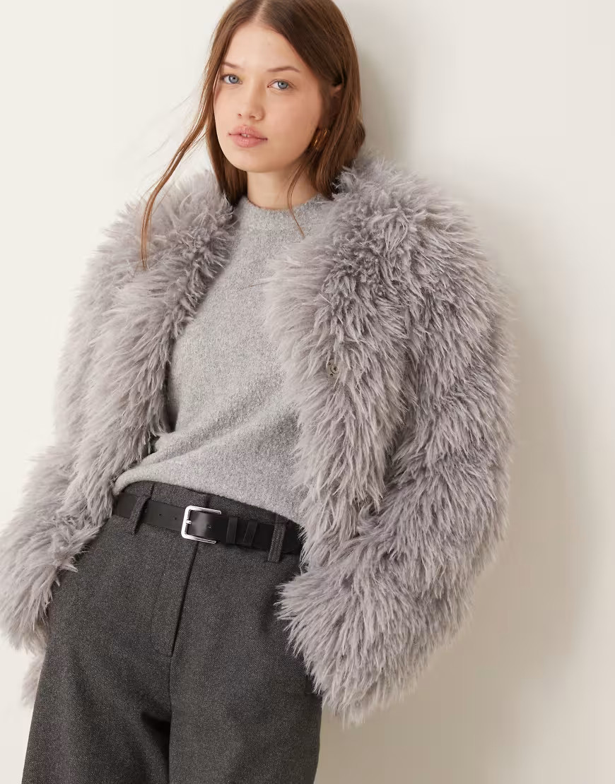 ASOS DESIGN faux fluffy fur jacket in gray-White | ASOS (Global)