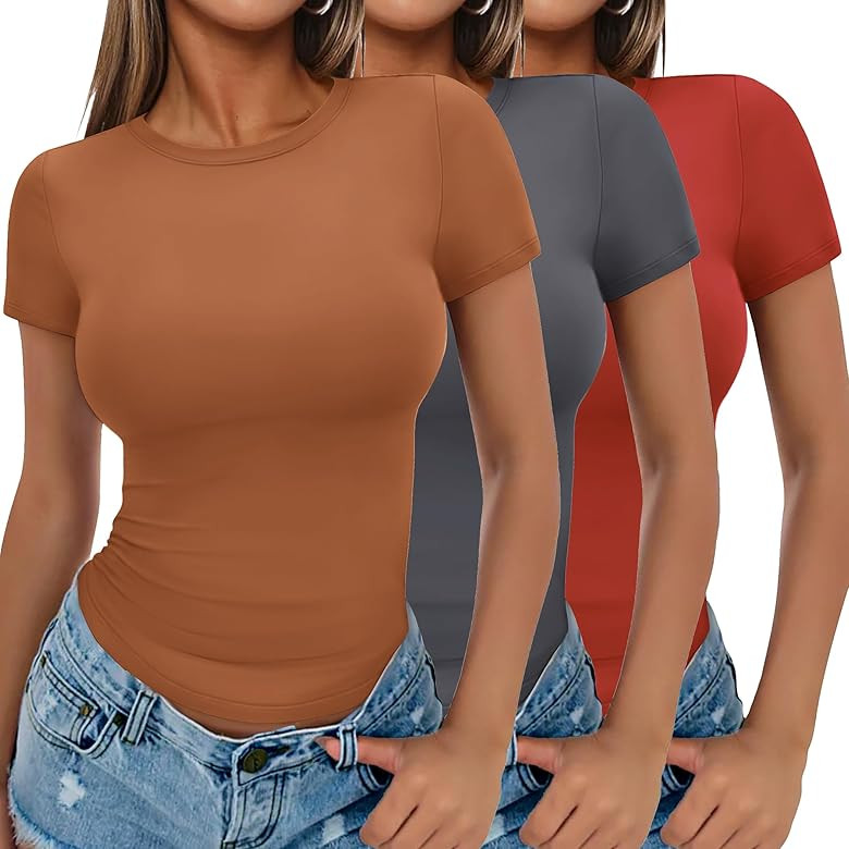 Ekouaer Womens Basic Tee Shirts 3 Pack Short Sleeve Crew Neck Thermal Underwear Tops Base Layer | Amazon (US)