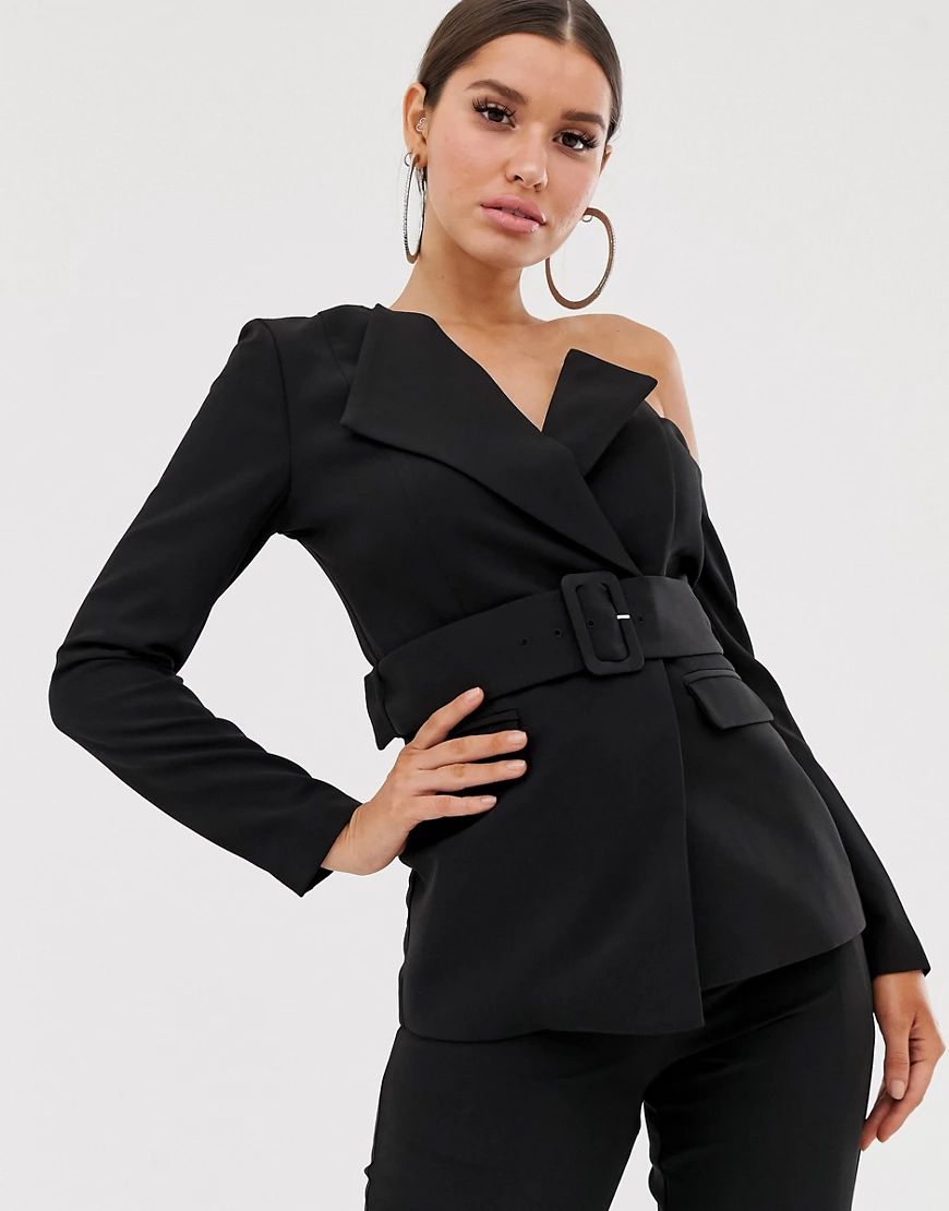 Lavish Alice one shoulder belted blazer in black | ASOS (Global)