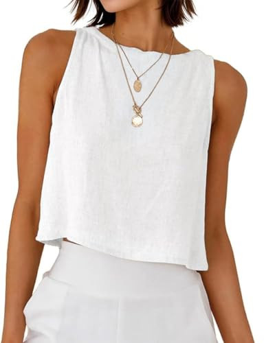 Women Linen Cropped Tank Tops Spring Summer Sleeveless Casual Cute Beach Tops | Amazon (US)
