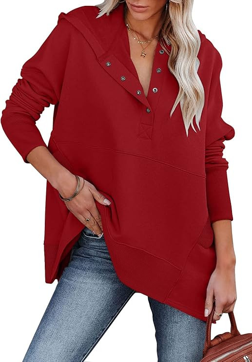 onlypuff Womens Oversized Hoodies and Sweatshirt V Neck Button up Loose Fit Henley Shirt 2022 Fal... | Amazon (US)