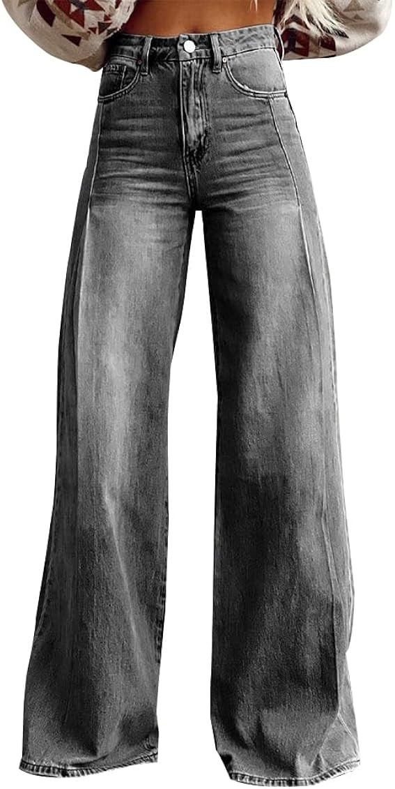 Women's Flare Bootcut Jeans Low Rise Wide Leg Baggy Stretch Denim Palazzo Pants Casual Boho Floral Print Bell Bottoms | Amazon (US)