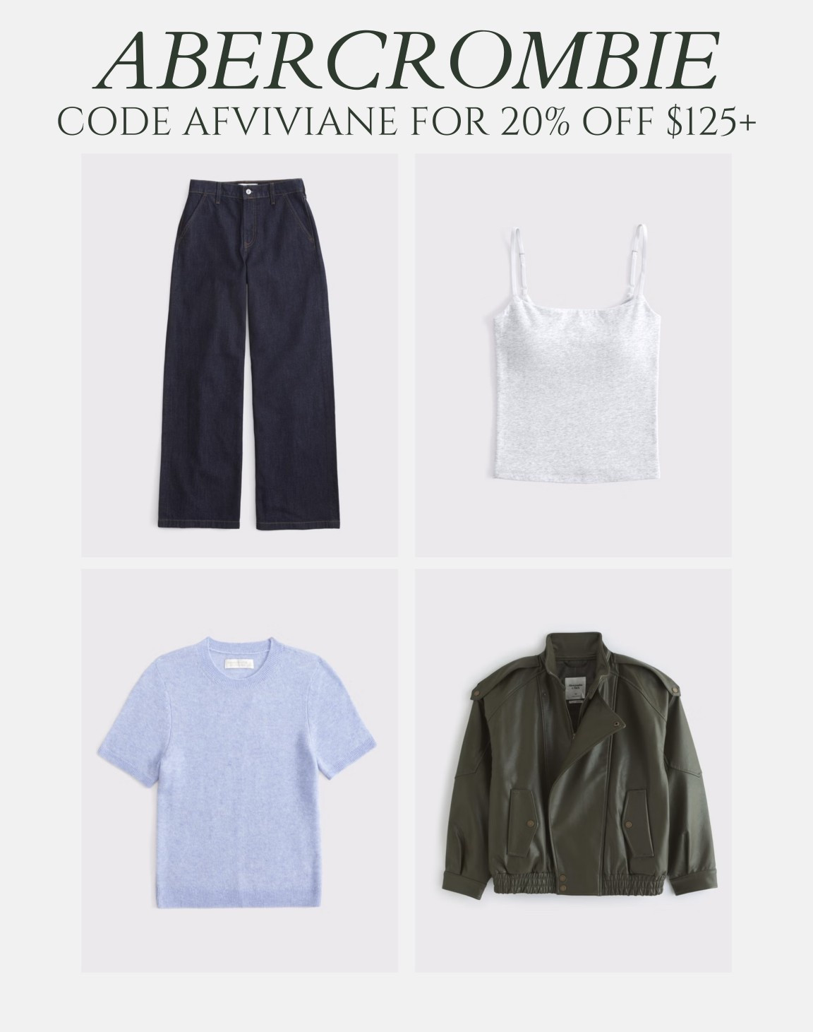 [2/16/26] most loved AF styles on sale |  use code AFVIVIANE to get 20% off $125+. 
Linking other favs + new arrivals! 

• highrise wide leg jean- true size regular length in jeans (I’m 5’2 - great length for heeled shoes!!) 
• bra free tank under $20 wear XS! Come in multiple styles and colors, great for layering 
• wool blend sweater great staple to have in your closet. Comes in 5 colors!
• mock neck bomber is sooooo cute, comes in 4 other colors and perfect transitional piece for spring 

[* in stores and online at checkout from 2/12/26-2/16/26 in US/CA. Exclusions apply. Discount applied to subtotal before tax and shipping/handling at checkout. See details online.]

#LTKPetite #LTKSeasonal #LTKSaleAlert