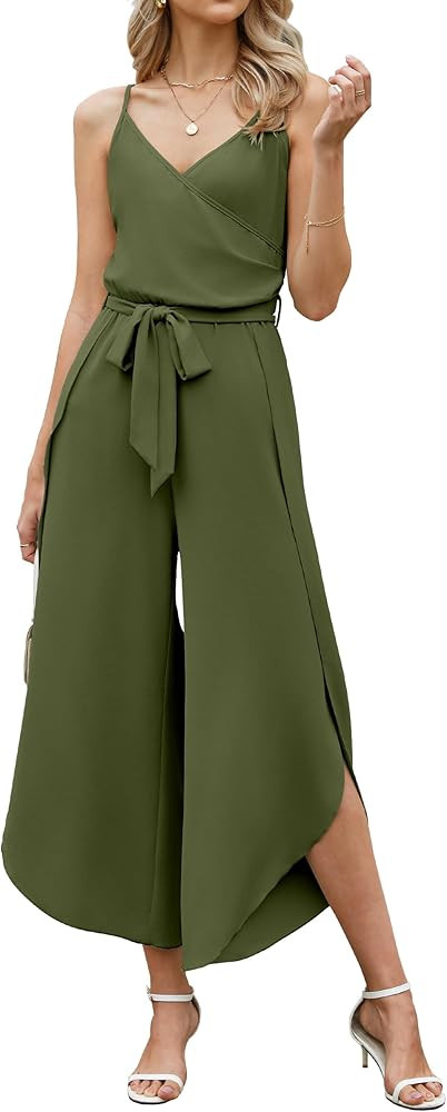 ECOWISH Womens Jumpsuit Spaghetti Strap Wide Leg Split Jumpsuits Long Overalls Summer Beach Loose... | Amazon (US)