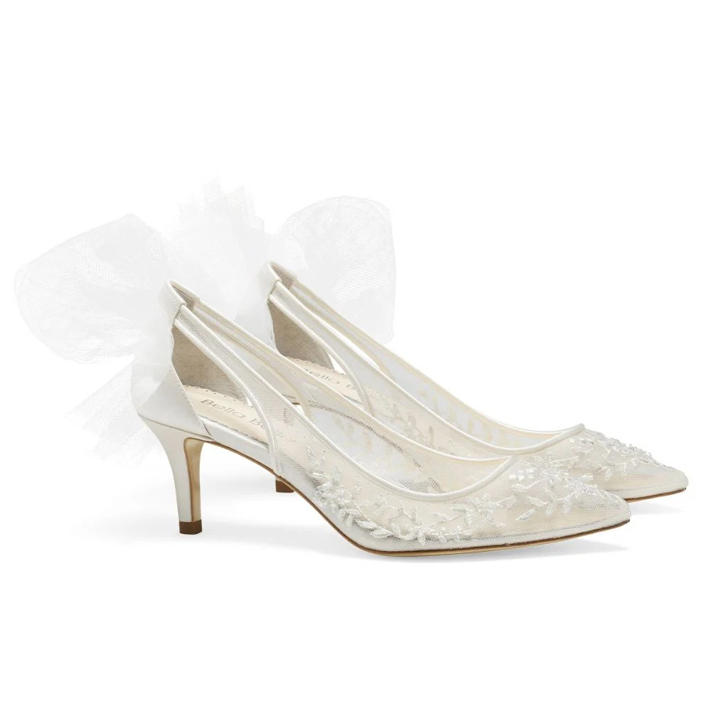 Illusion Mesh Lace Beaded Kitten Heels with Removable Bow | Bella Belle Shoes