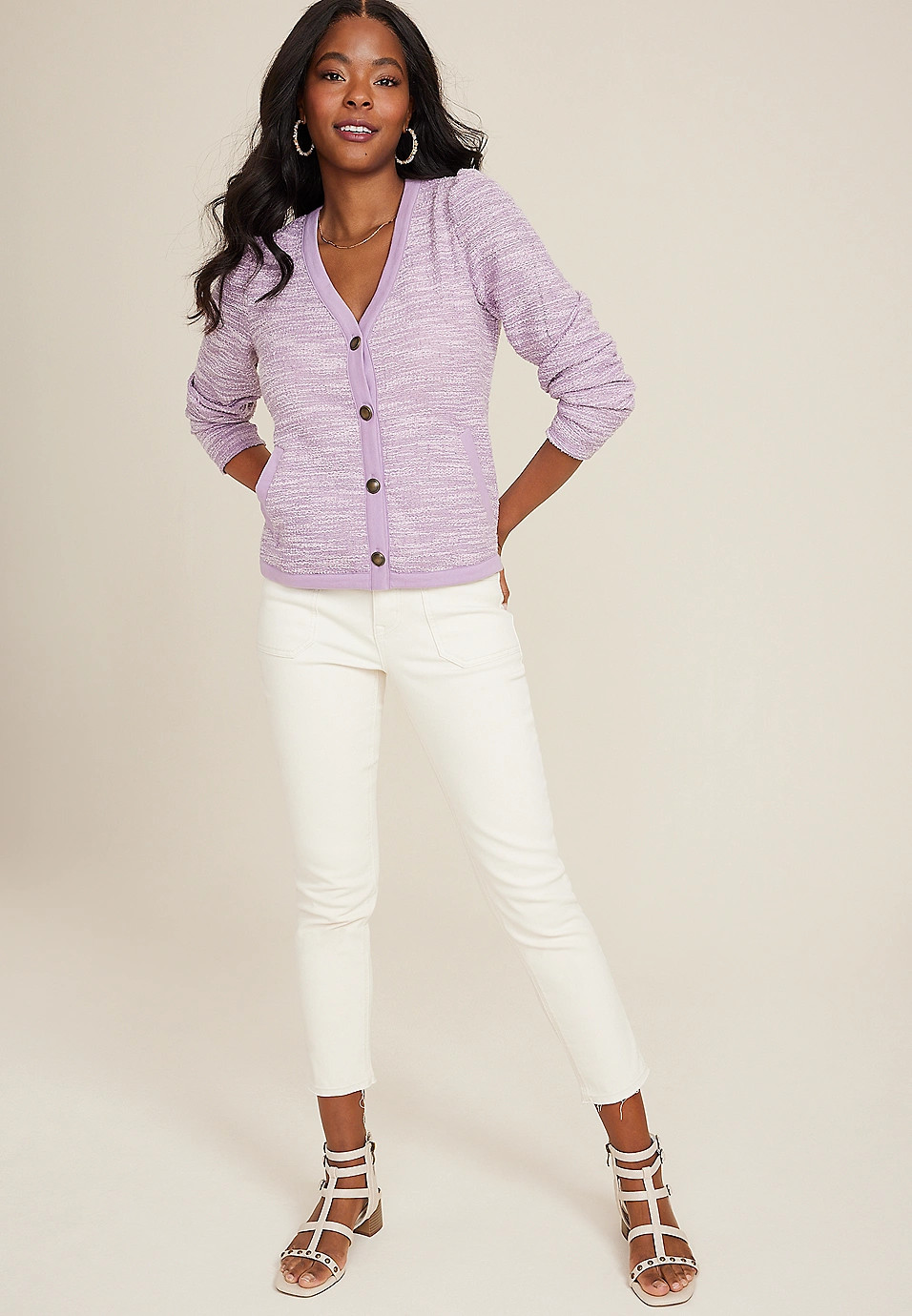 Cropped Tweed Button Down Cardigan | Maurices