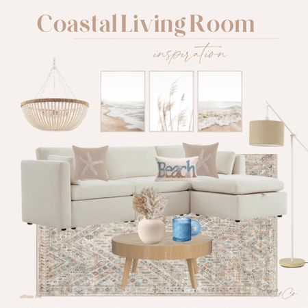 This coastal living room inspiration includes a sectional sofa, patterned area rug, beach themed throw pillows, coastal art, a wood beaded chandelier, round wood coffee table, and a floor lamp with a jute shade. 

Living room inspiration, ocean theme room, home style inspiration 

#LTKhome #LTKfindsunder50 #LTKstyletip