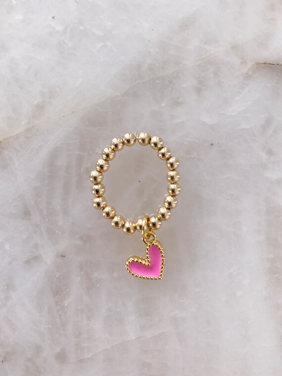14k Gold Filled Beaded Ring | Bright Pink Heart Pendant | Stretchy Gold Ring | Gold Ball Bead Rin... | Etsy (US)