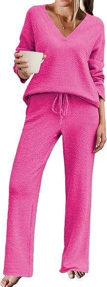 Ekouaer Pajamas for Women 2 Piece Lounge Set Fuzzy Fleece Long Sleeve Pullover Sweater Top Wide L... | Amazon (US)