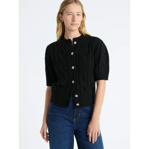 Free Assembly Women's and Women's Plus Cable Cardigan with Short Puff Sleeves, Sizes XS-4X | Walmart (US)