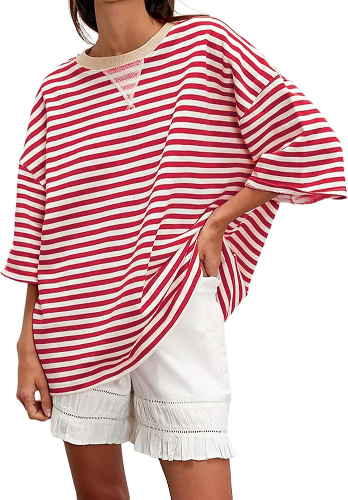 Dqbeng Womens Oversized T Shirts Classic Striped Short Sleeve Crewneck Loose Casual Pullover Tops | Amazon (US)