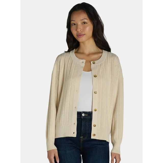 Time and Tru Women's Fine Gauge Rib Crew Cardigan with Long Sleeves, Sizes XS-XXXL | Walmart (US)