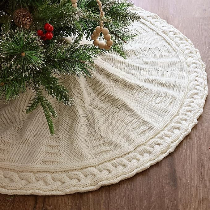36-Inch Cream Braided Cable Knit Christmas Tree Skirt - Rustic Farmhouse Holiday Decor | Amazon (US)