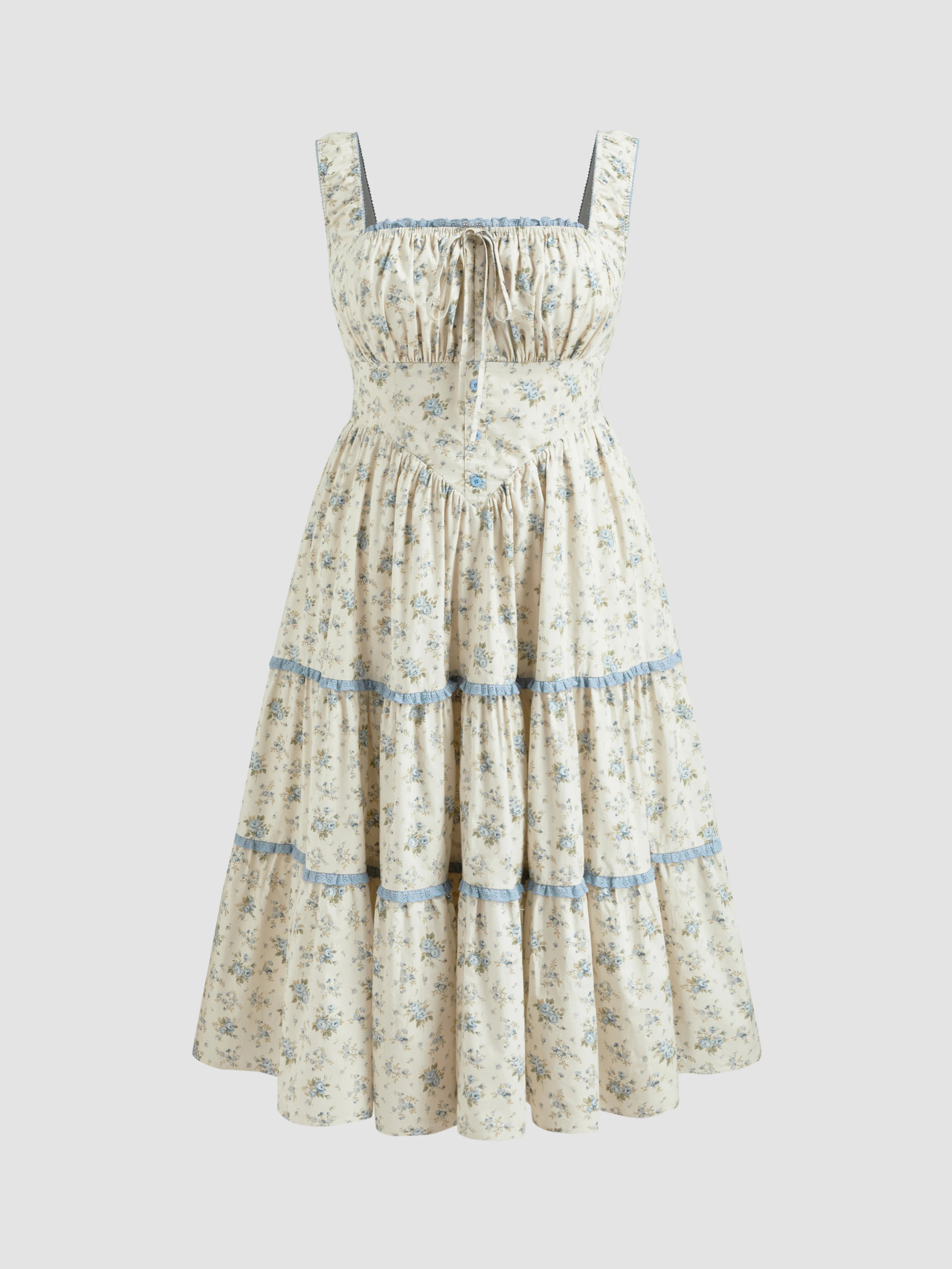 Woven Cotton Ditsy Floral Contrasting Binding knotted Shirred Tiered Maxi Dress Curve & Plus For ... | Cider