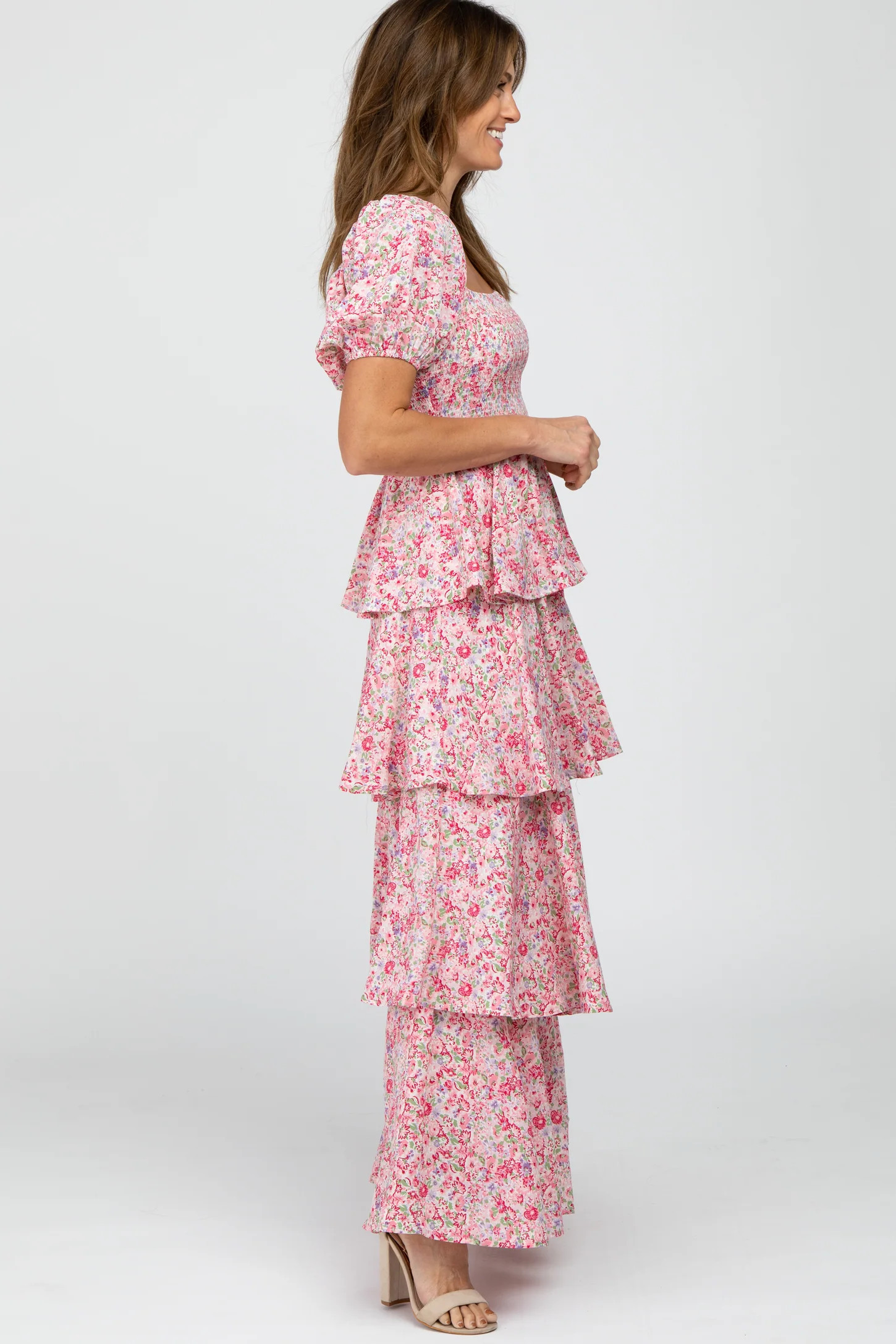 Pink Floral Square Neck Ruffle Layered Maxi Dress | PinkBlush Maternity