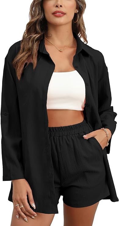 Casual 2 Piece Outfit for Women Lounge Sets Long Sleeve Button Down Shirts and Side Pocket Shorts... | Amazon (US)