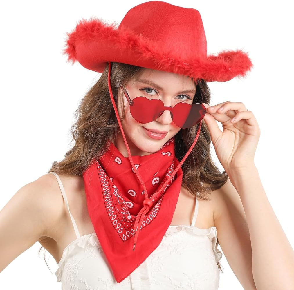 Pink Cowgirl Hat with Bandana and Heart Glasses, Pink Cowboy Hat for Women Teen Girls, Pink Cow G... | Amazon (US)