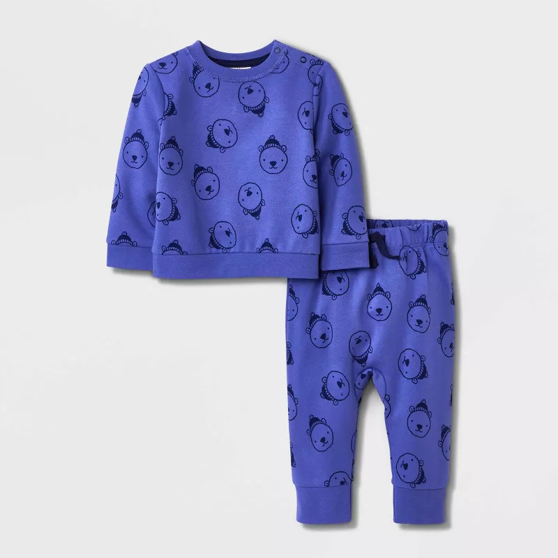 Baby Bear Fleece Matching Top & Bottom Set - Cat & Jack™ Blue Newborn | Target