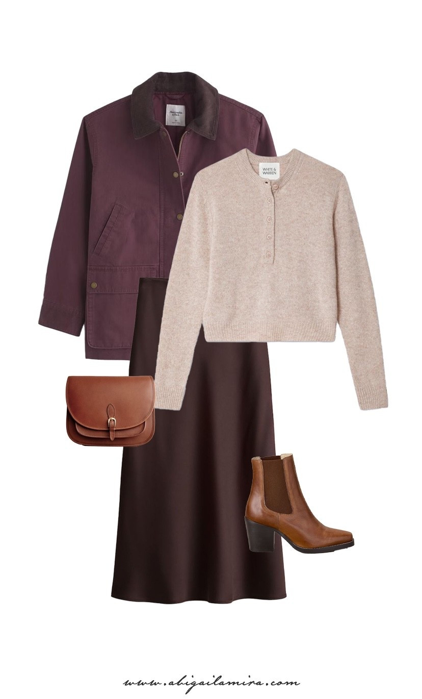 WHAT I'M WEARING WEDNESDAY 10/15/2025
This outfit of the day captures effortless autumn elegance with a cozy, polished vibe. A soft Henley sweater pairs beautifully with a rich, flowy midi skirt for a feminine silhouette, while a deep plum jacket adds warmth and structure. Brown heeled boots and a classic leather crossbody bag tie the look together, creating a timeless ensemble perfect for crisp fall days. See the full post at www.abigailamira.com

#LTKStyleTip #LTKMidsize #LTKOver40