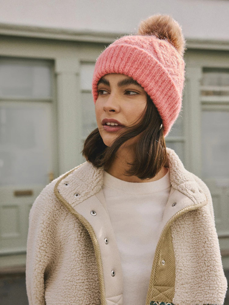 Coral Pink Cable Knitted Pom Hat | Next US