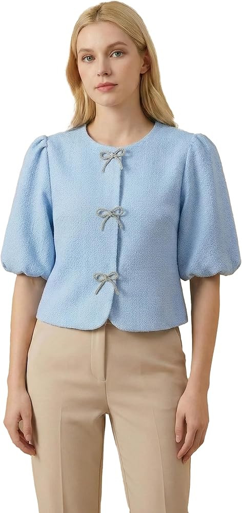 Women Textured Puff Sleeve Jacket Rhinestone Bow Cropped Blazer Work Office Cardigan | Amazon (US)