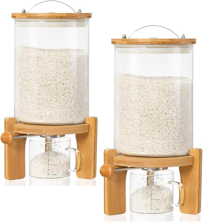 HBlife 5-7 Lbs Glass Rice Dispenser with Wooden Stand Flour and Cereal Container with Glass Measu... | Amazon (US)