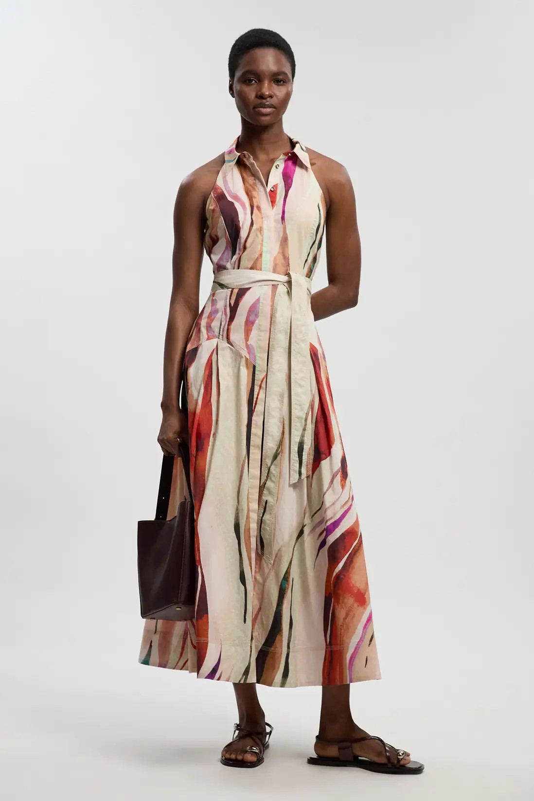 Marble Print Cotton Collared Halterneck Woven Midi Shirt Dress With Dropped Waist Detail | Karen Millen