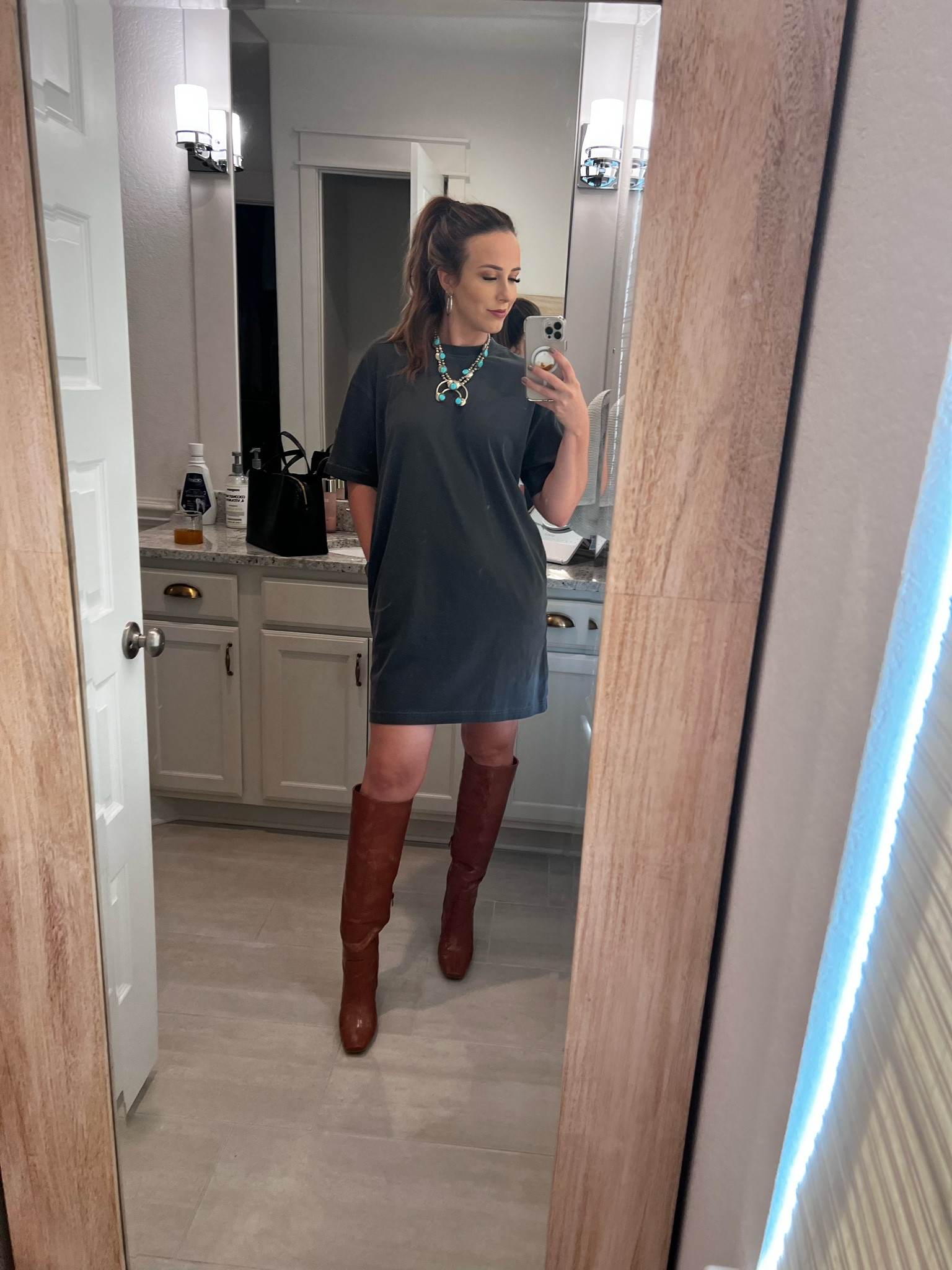Dress is $12!
Oversized tshirt dress.
Oversized.
Comfy.
Casual.
Fall.
Transition.
Brown crocodile boots.
Squash necklace.
Turquoise.
Nordstrom.

#LTKunder50 #LTKsalealert #LTKSale