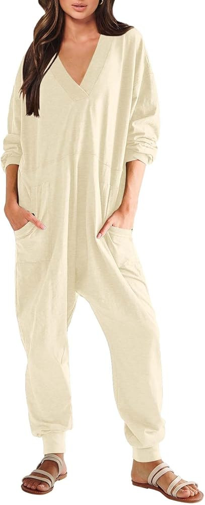 ANRABESS Women's Casual Loose Jumpsuits Long Sleeve V Neck Oversized Rompers Baggy Overalls Loung... | Amazon (US)