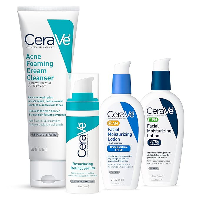 CeraVe Acne Skin Care Set | 5oz Acne Foaming Cream Cleanser + 1oz Resurfacing Retinol Serum + 2oz... | Amazon (US)