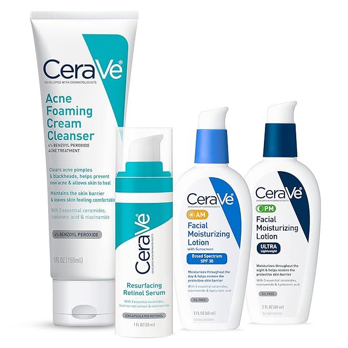 CeraVe Acne Skin Care Set | 5oz Acne Foaming Cream Cleanser + 1oz Resurfacing Retinol Serum + 2oz... | Amazon (US)
