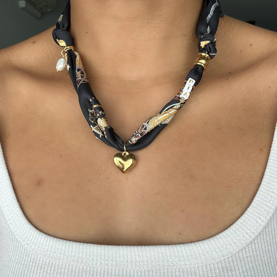 Bandana Scarf Necklace With Charms, Heart Charm, Natural Pearl, Gold Heart Charm and Gold Rings, ... | Etsy (US)