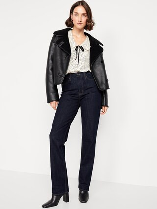 Long-Sleeve Button-Down Cropped Denim Shirt | Old Navy (US)