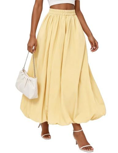 tobyto Women's Bubble Maxi Skirt with Pockets Puffy Hem Ruffle Pleated Elastic Waist Long Skirt Casual Boho Flowy,Light Beige,XXL | Amazon (US)