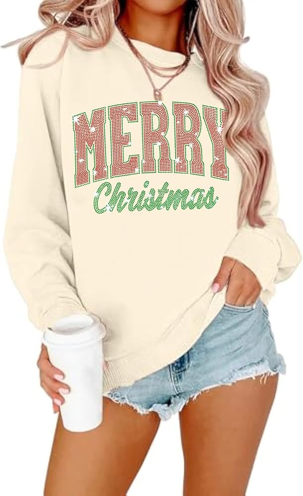 Christmas Sweatshirts for Women Sparkly Merry Christmas Shirt Glitter Xmas Crewneck Pullover Long... | Amazon (US)