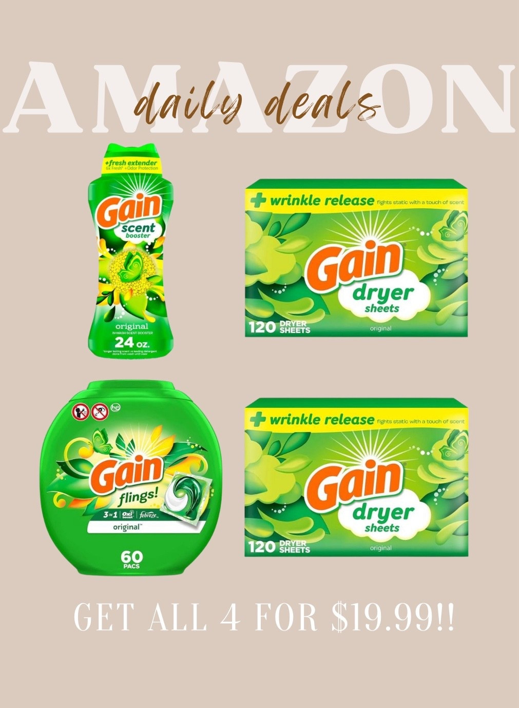 Gain Deal 🛍️

- Add 1 Gain Flings
- Add 1 Gain Scent Booster
- Add 2 Gain Dryer Sheets

Clip any coupons & get 33% off when you use code: SAVEONGAIN

If you don’t do subscribe and save, you’ll pay a little more

#LTKSaleAlert #LTKFindsUnder50 #LTKHome