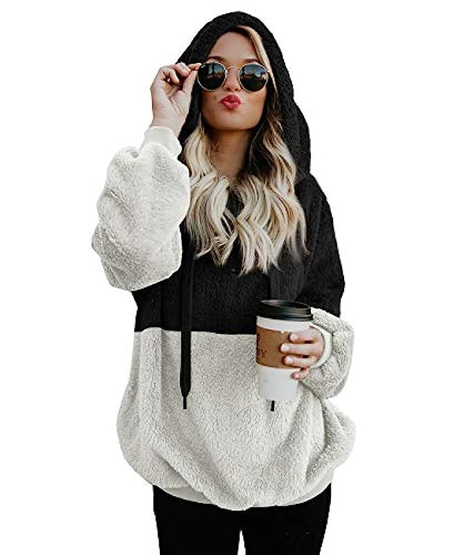 Douremifa Womens Fleece Hooded Pullover Sweatshirt Casual Loose 1/4 Zip Jacket Coat with Pockets | Amazon (US)