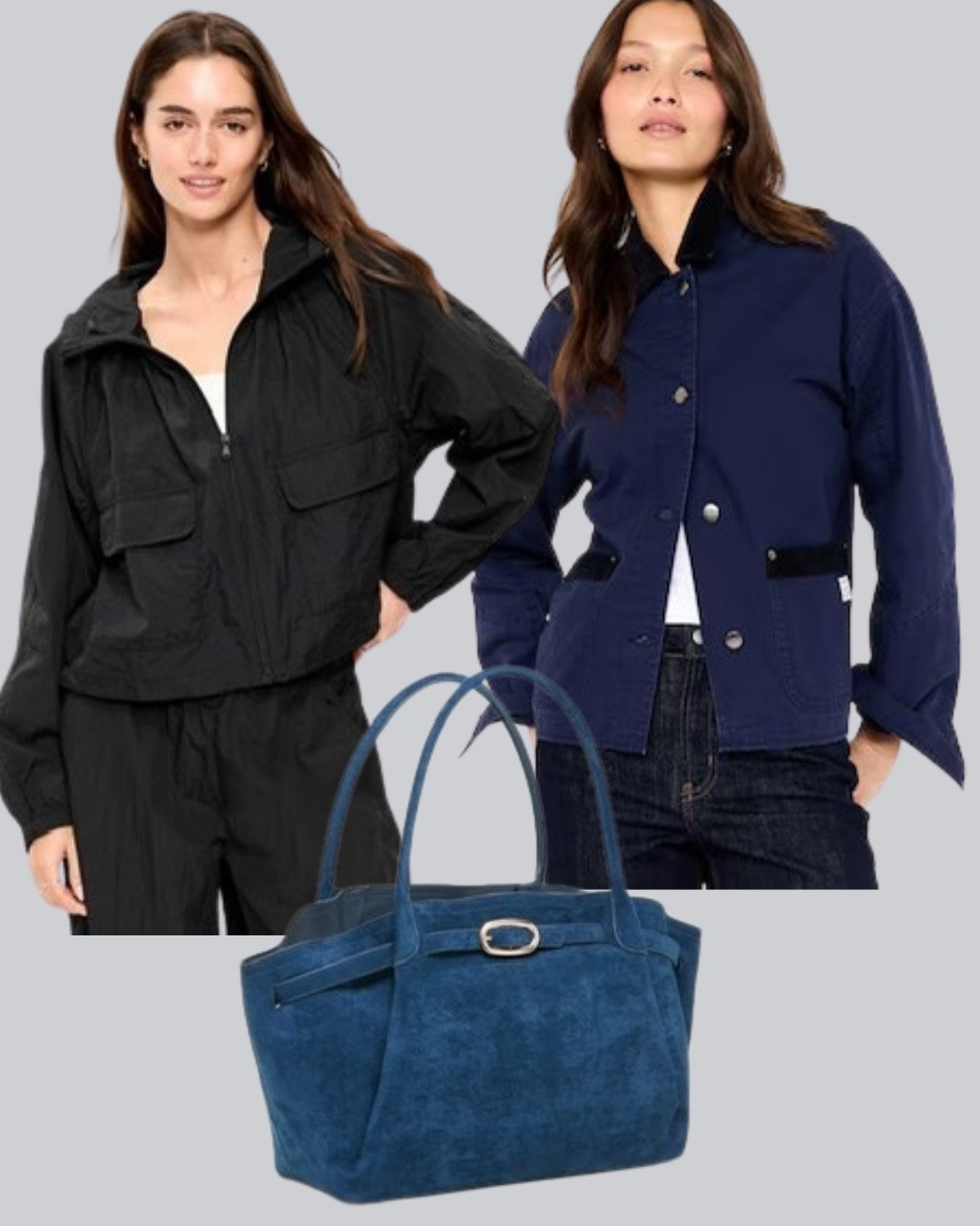 A few Old Navy finds! Love this windbreaker with a hood. This navy chore jacket is so chic and the color of this handbag! 💙💙