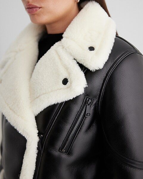 Faux Leather Sherpa Lined Cropped Moto Jacket | Express