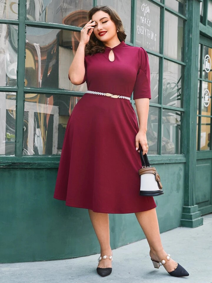 SHEIN Belle Plus Keyhole Neckline Puff Sleeve Dress Without Belt | SHEIN