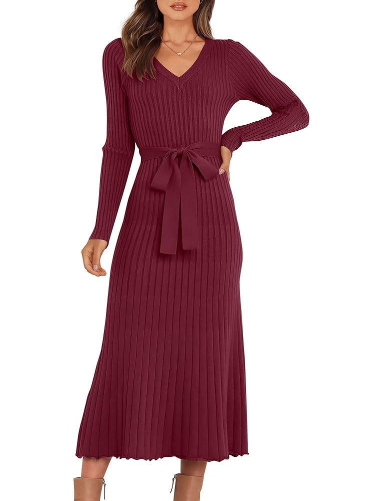 ANRABESS Womens Long Sleeve Fall Dress 2025 V Neck A-line Tie Waist Ribbed Knit Bodycon Midi Swea... | Amazon (US)