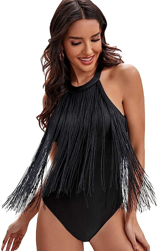 SheIn Women's Fringe Sleeveless Bodycon Bodysuit Top Solid One Piece Cami Jumpsuit | Amazon (US)