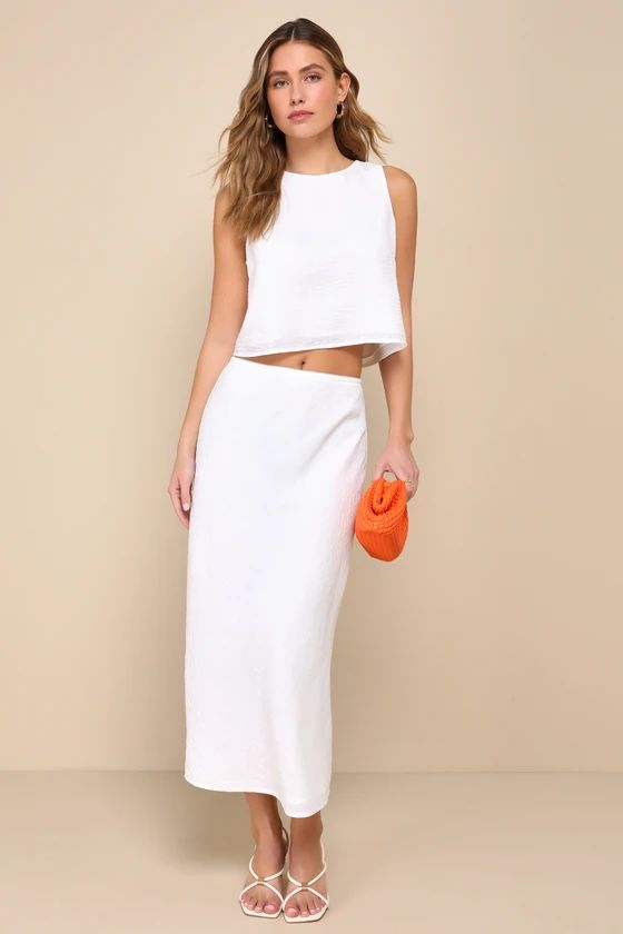Pleasant Poise White High-Rise A-Line Midi Skirt Outfit White Skirt Set White Skirt And Top Set Sets | Lulus