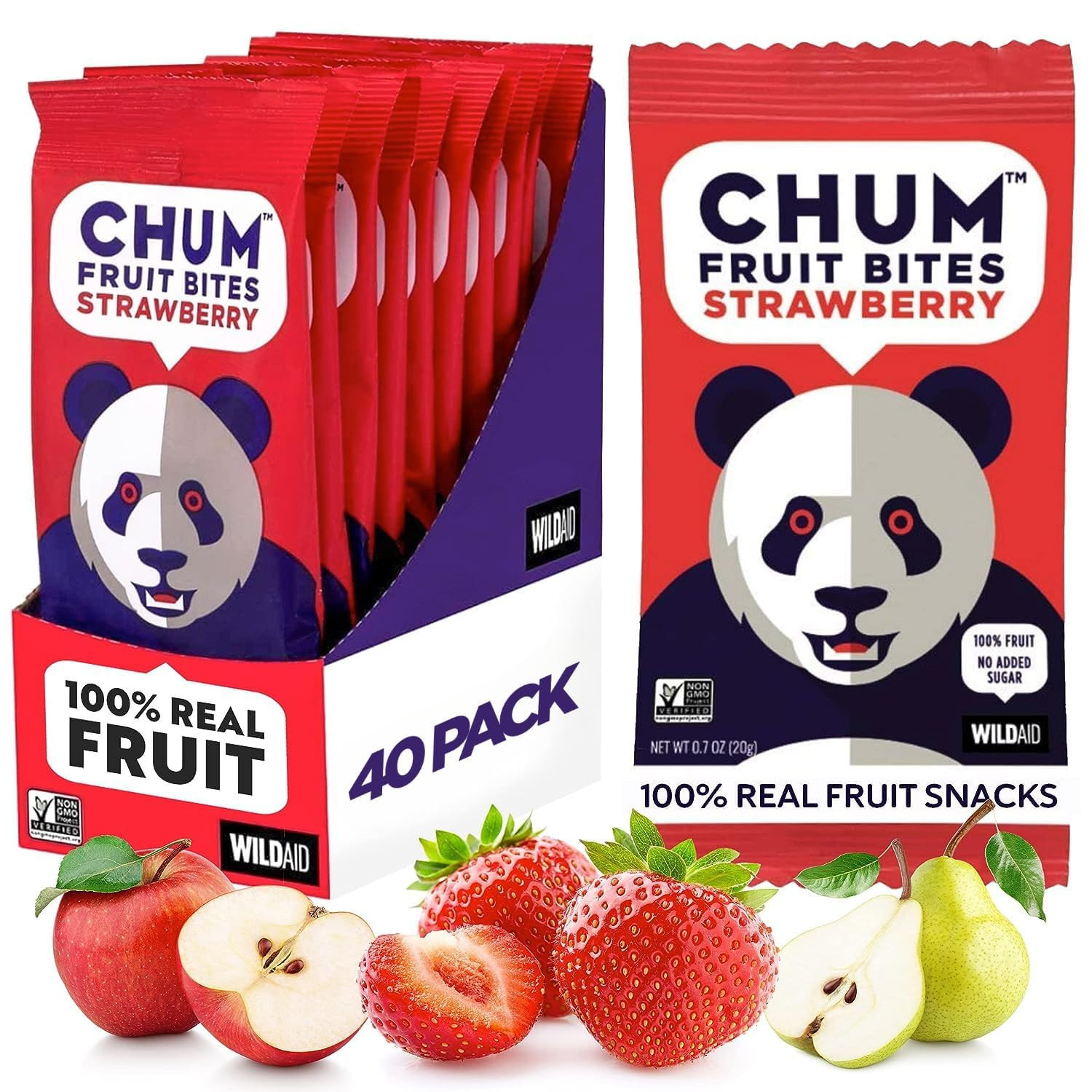 Chum Fruit Bites 100% Real Fruit Snacks - Strawberry, 40-Pack | Non-GMO, No Added Sugar or Preser... | Amazon (US)
