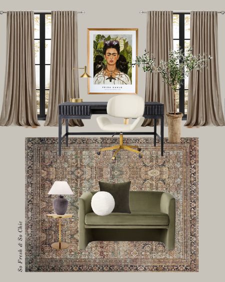 Affordable home office decor with sitting area.
-
Target Studio McGee threshold – taupe velvet curtains – black desk - white faux leather desk chair – Layla area rug – brown ceramic table lamp white shade – brass, adjustable side table -  Frida Kahlo, digital printable affordable art, print Etsy - brass task lamp - faux olive tree branch in pot – white boucle ball throw pillow– dark green velvet throw pillow – neutral home office decor – Loloi area rug – transitional decor – transitional work from home office

#LTKhome #LTKsalealert #LTKunder100