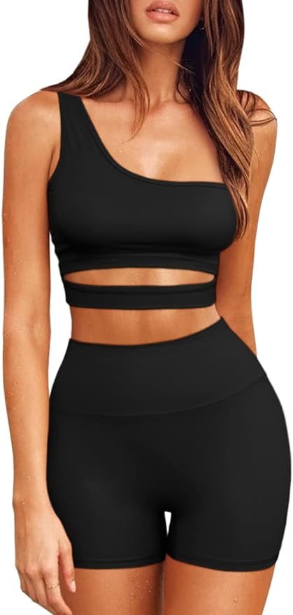 QINSEN 2 Piece Workout Outfits for Women One Shoulder Coutout Sport Bra High Waist Yoga Shorts Se... | Amazon (US)