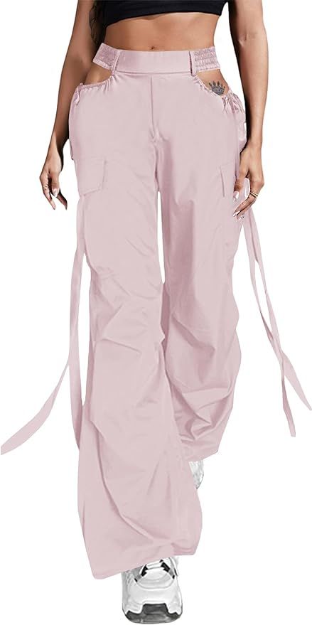 Ermonn Womens Baggy Cargo Pants Street 90S Flap Pocket Side Drawstring Waist Cut Out Pants Parach... | Amazon (US)
