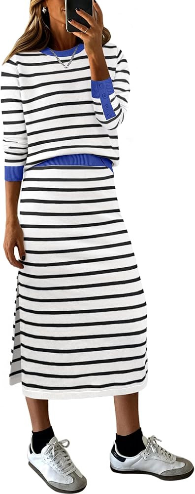 ANRABESS 2 Piece Skirts Sets For Women Fall Fashion 2025 Striped Sweater Midi Dress Knit Lounge T... | Amazon (US)